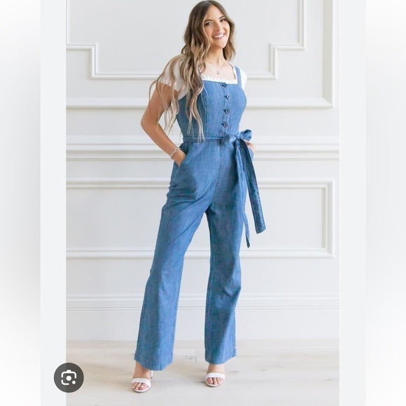Rachel Parcell | Chambray Blue Tank Ankle Crop Jumpsuit - Picture 1 of 8